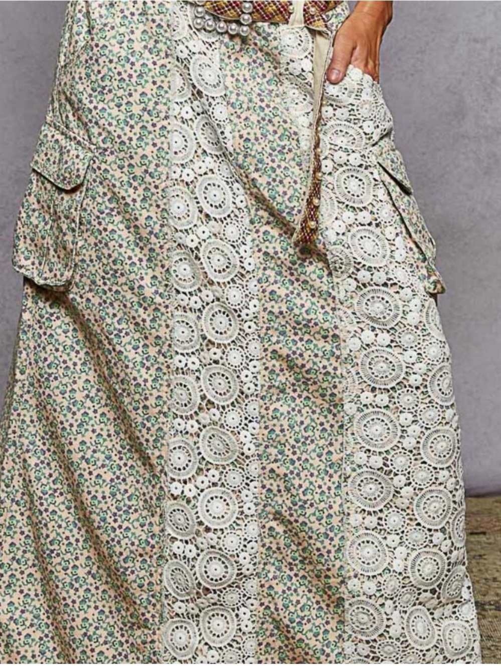 POL Boho Crochet Panel Maxi Skirt - Cream & Green - Picture 4 of 7